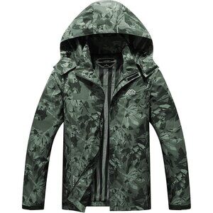 Mens Army Green Lightweight Waterproof Hooded Rain Jacket Outdoor Hiking Shell